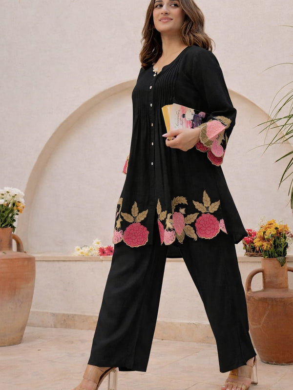 Black Linen Blend Floral Embroidered Coordset