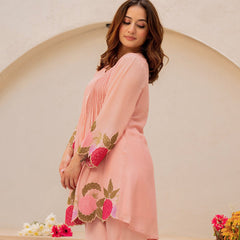 Baby Pink Linen Blend Floral Embroidered Coordset