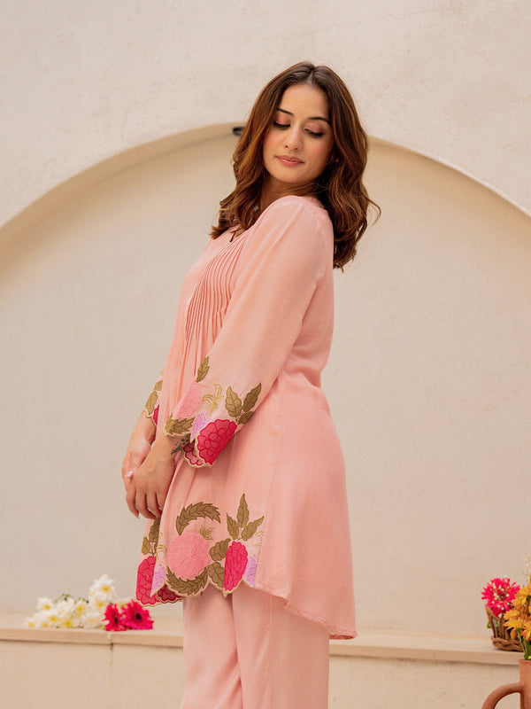 Baby Pink Linen Blend Floral Embroidered Coordset