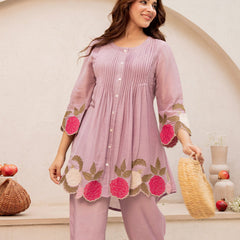 Mauve Linen Blend Floral Embroidered Coordset