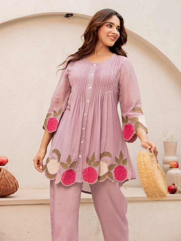 Mauve Linen Blend Floral Embroidered Coordset