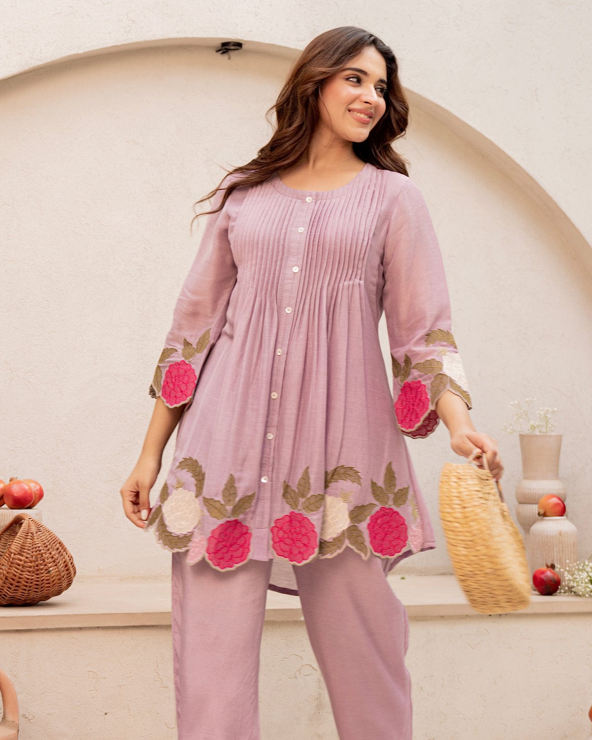 Premium Floral Embroidered Mauve Co-Ord Set