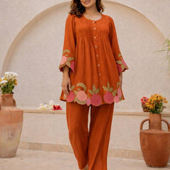 Rust Orange Linen Blend Floral Embroidered Coordset