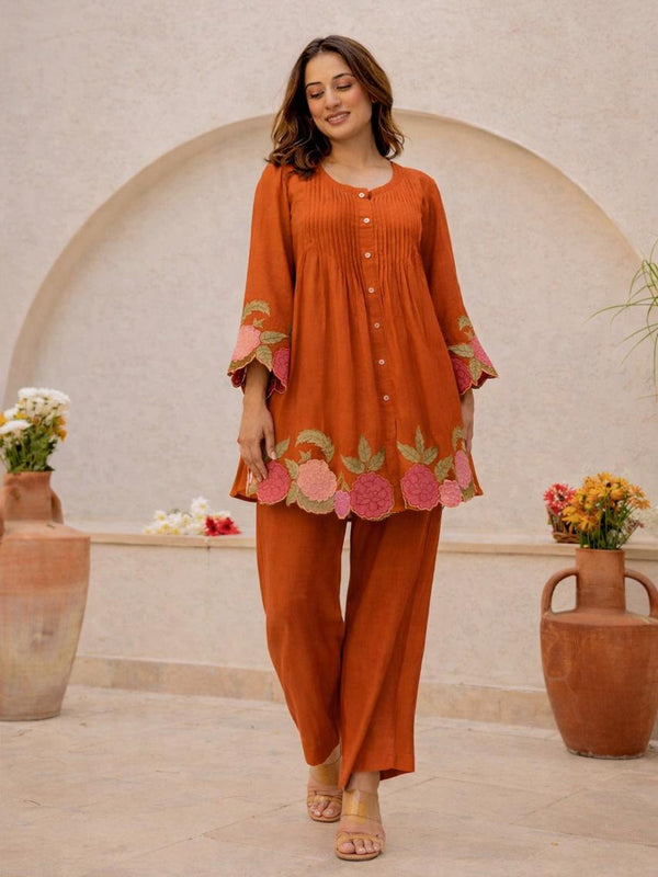 Rust Orange Linen Blend Floral Embroidered Coordset