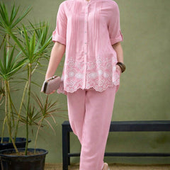 Pink Linen Blend Emboridered Pleated Shirt with Pants Coordset