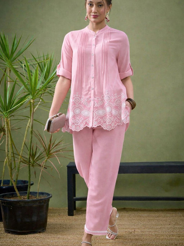 Pink Linen Blend Emboridered Pleated Shirt with Pants Coordset