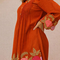 Rust Orange Linen Blend Floral Embroidered Coordset
