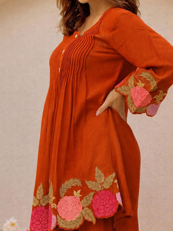 Rust Orange Linen Blend Floral Embroidered Coordset