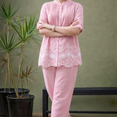 Pink Linen Blend Emboridered Pleated Shirt with Pants Coordset