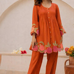 Rust Orange Linen Blend Floral Embroidered Coordset