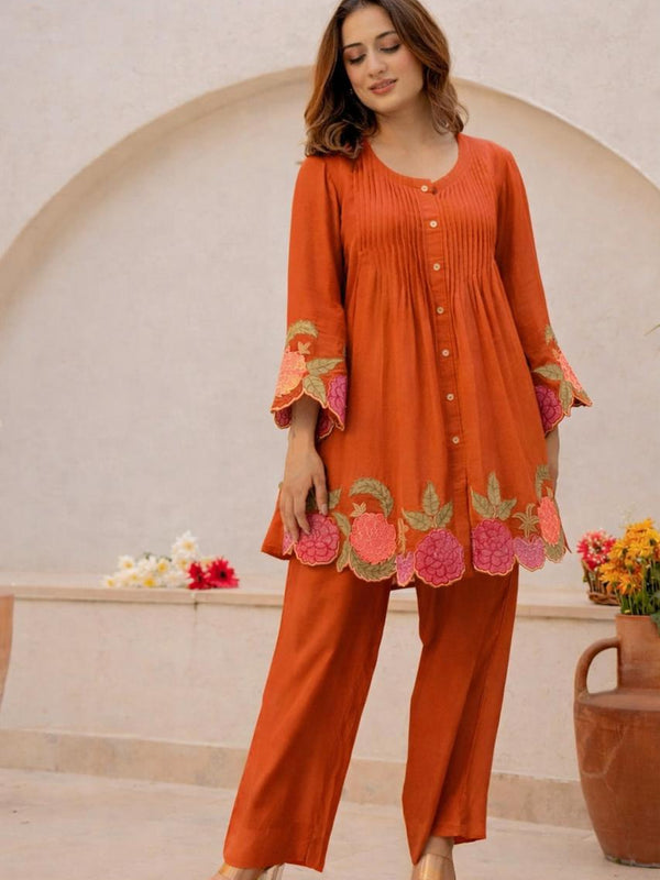 Rust Orange Linen Blend Floral Embroidered Coordset