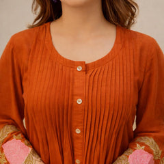 Rust Orange Linen Blend Floral Embroidered Coordset