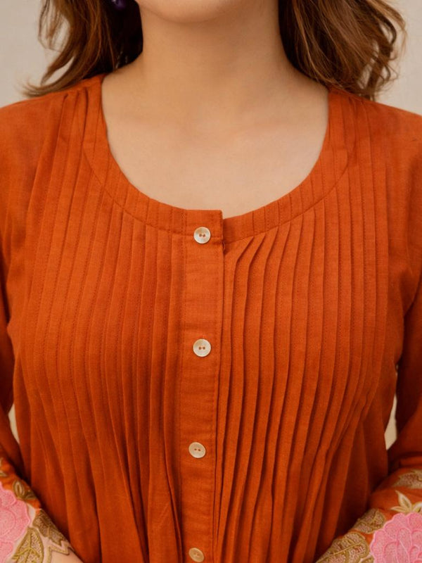 Rust Orange Linen Blend Floral Embroidered Coordset