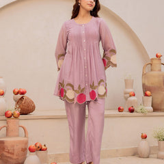 Mauve Linen Blend Floral Embroidered Coordset