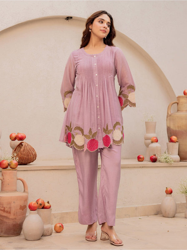 Mauve Linen Blend Floral Embroidered Coordset