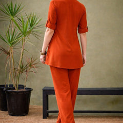 Rust Orange Linen Blend Emboridered Pleated Shirt with Pants Coordset