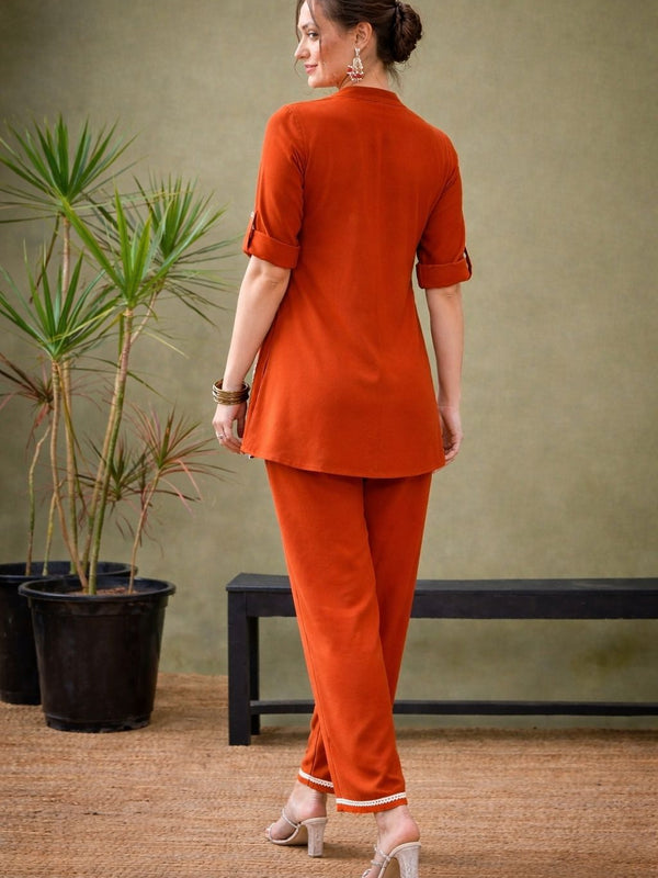 Rust Orange Linen Blend Emboridered Pleated Shirt with Pants Coordset