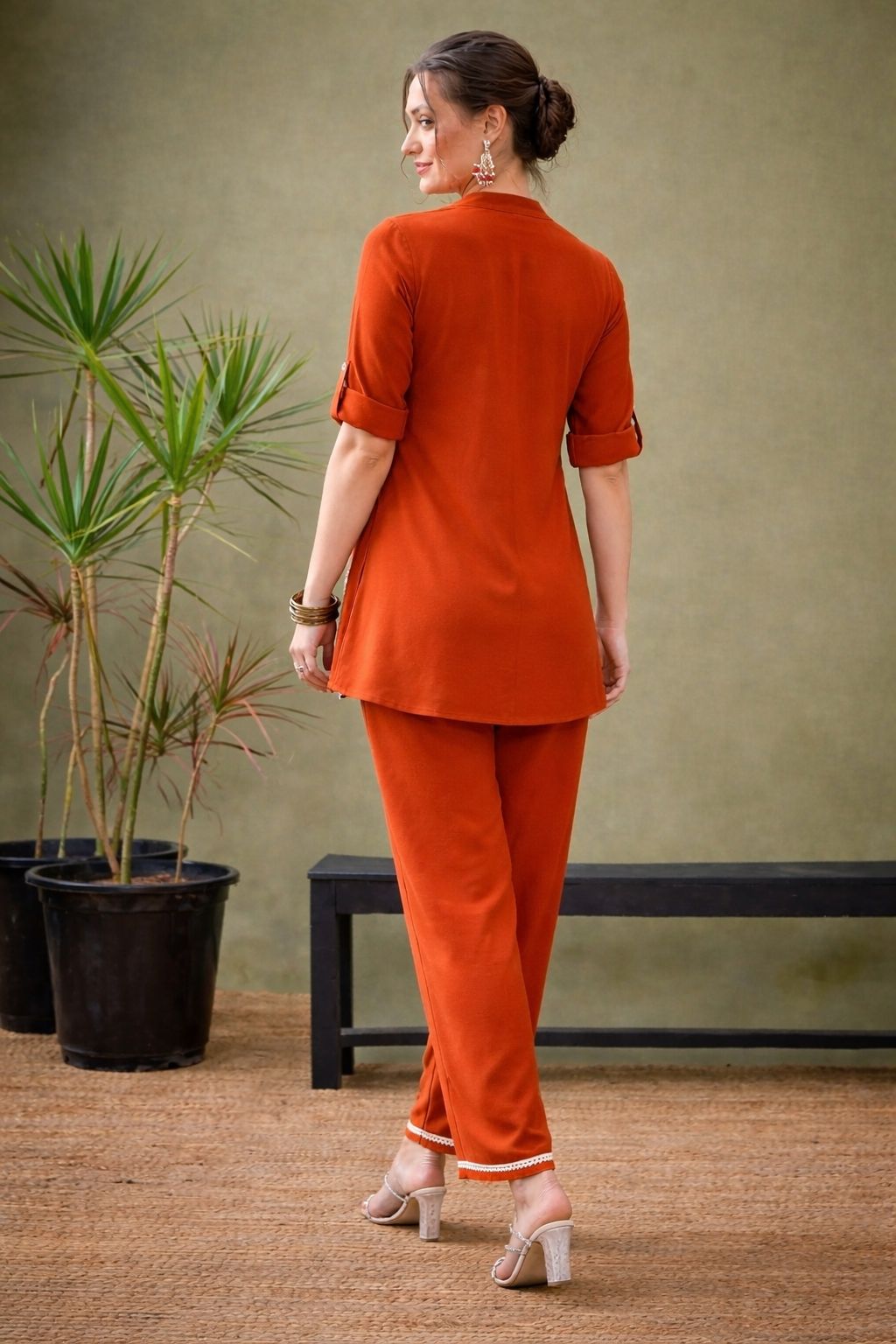 Mandarin Collar Rust Orange Co-Ord Set for Women