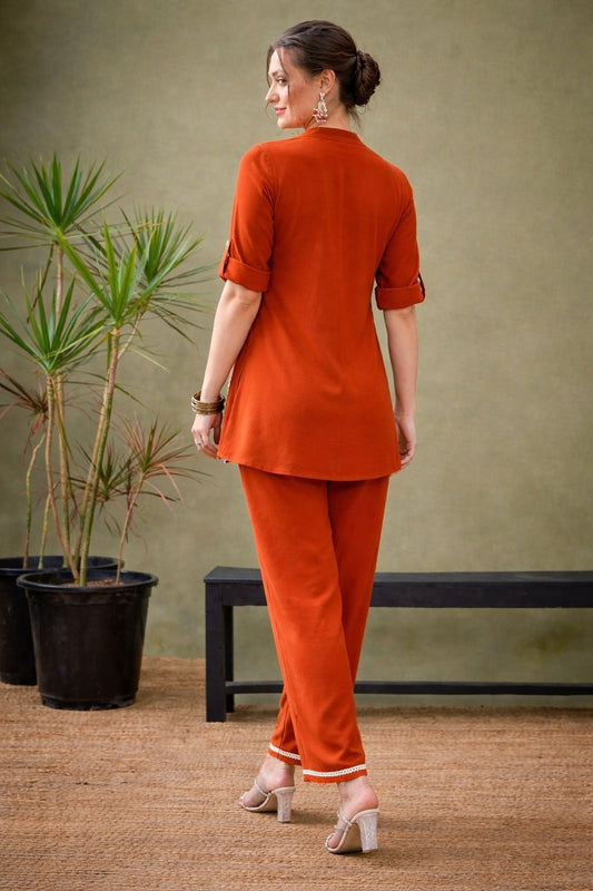 Mandarin Collar Rust Orange Co-Ord Set for Women