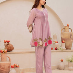 Mauve Linen Blend Floral Embroidered Coordset