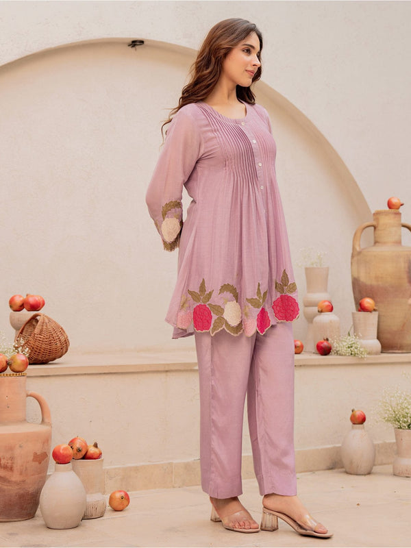 Mauve Linen Blend Floral Embroidered Coordset