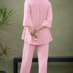 Pink Linen Blend Emboridered Pleated Shirt with Pants Coordset
