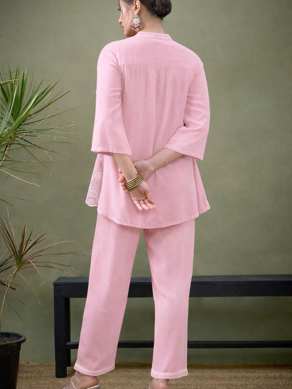 Pink Linen Blend Emboridered Pleated Shirt with Pants Coordset