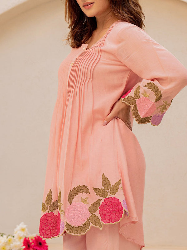 Baby Pink Linen Blend Floral Embroidered Coordset