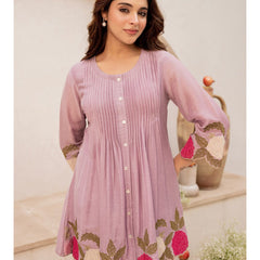 Mauve Linen Blend Floral Embroidered Coordset