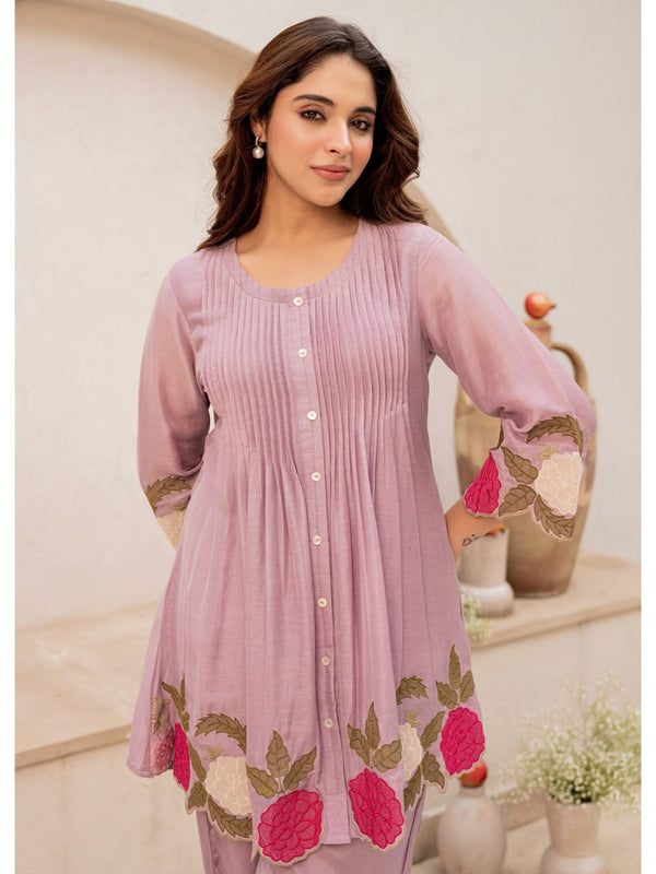 Mauve Linen Blend Floral Embroidered Coordset