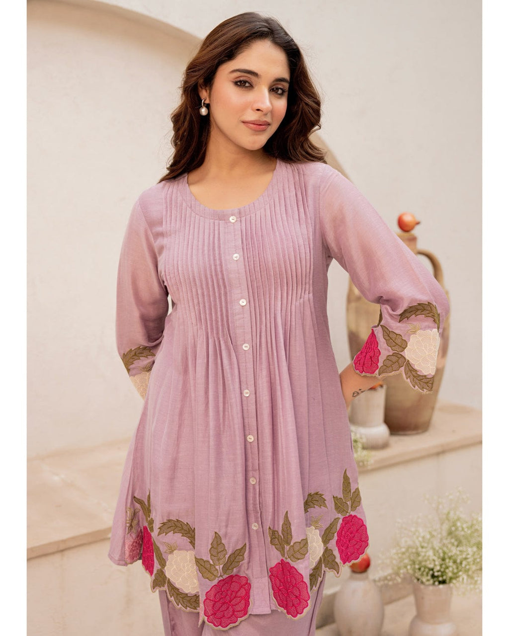 Premium Floral Embroidered Mauve Co-Ord Set