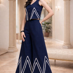 Navy Blue Linen Wide Pants with Vest styled Top Coordset