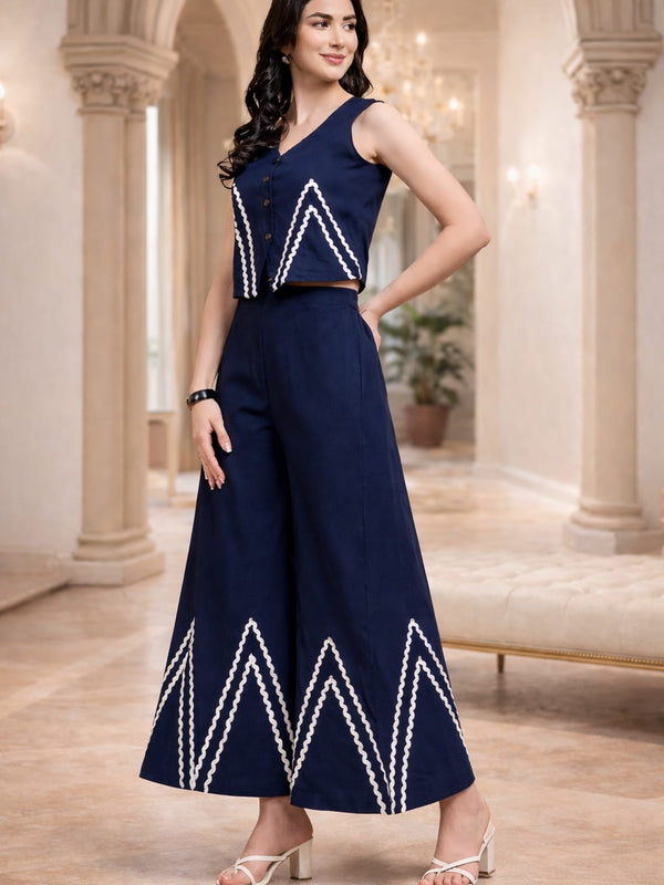 Navy Blue Linen Wide Pants with Vest styled Top Coordset