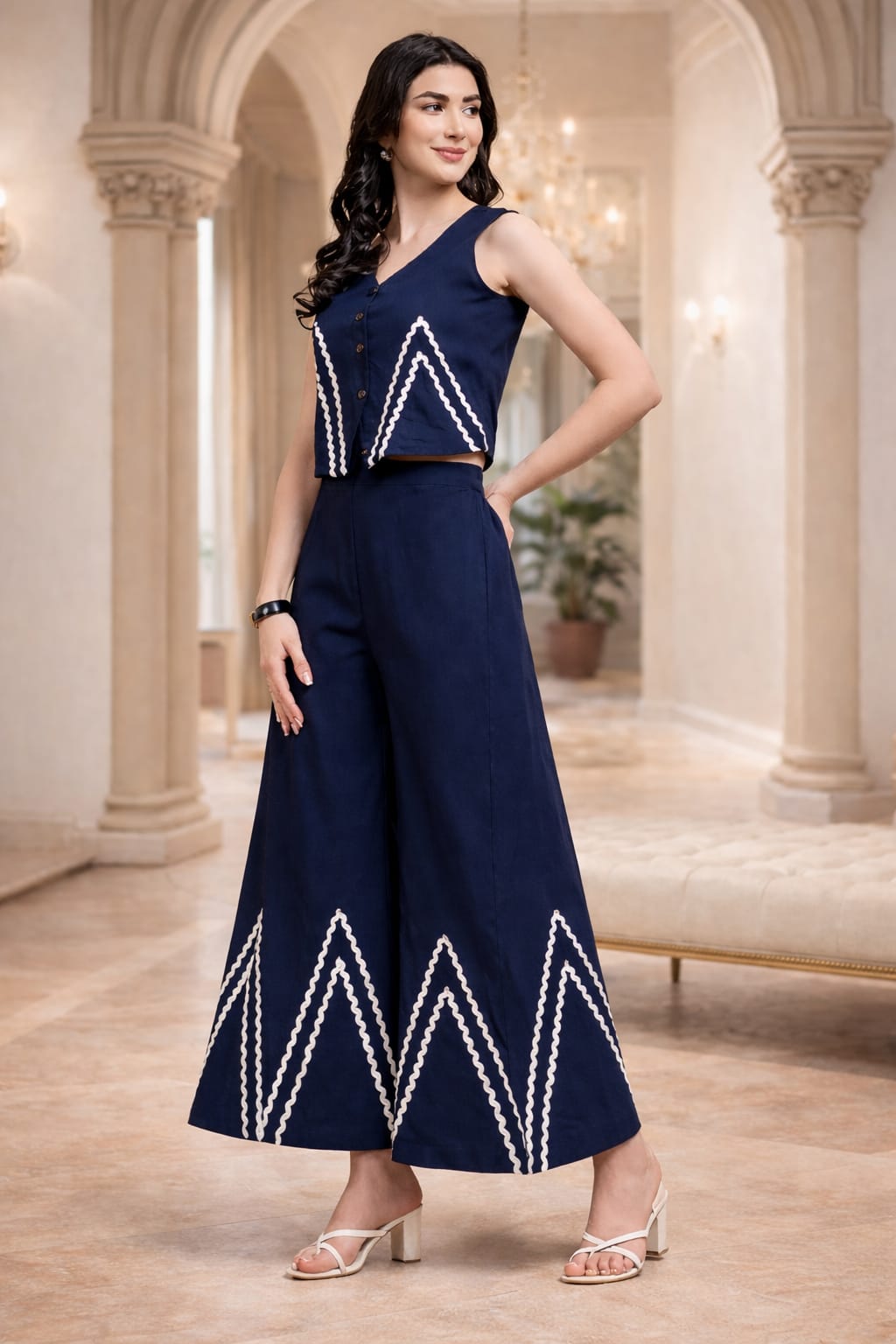 Navy Blue V-Neck Co-Ord Set for Casual & Party Wear