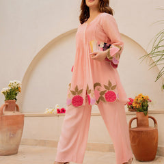 Baby Pink Linen Blend Floral Embroidered Coordset