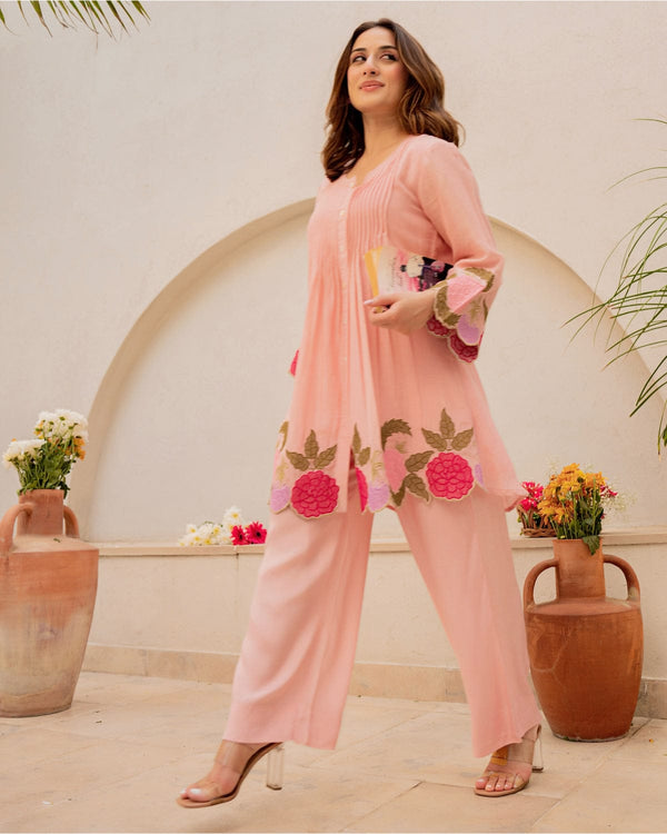Baby Pink Linen Blend Floral Embroidered Coordset