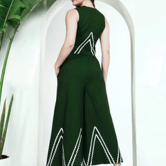 Dark Green Linen Wide Pants with Vest styled Top Coordset
