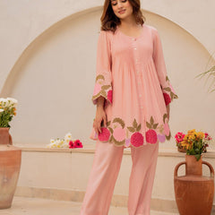 Baby Pink Linen Blend Floral Embroidered Coordset