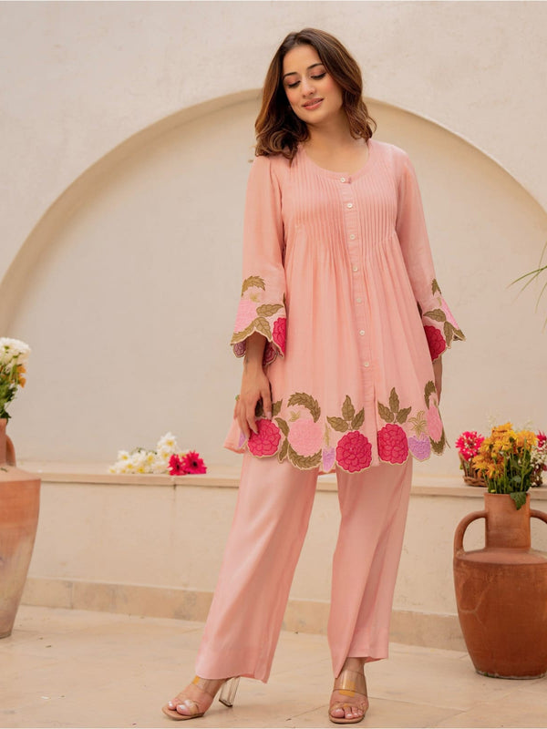 Baby Pink Linen Blend Floral Embroidered Coordset