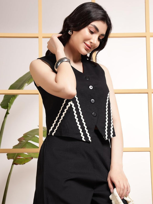Black Linen Wide Pants with Vest styled Top Coordset