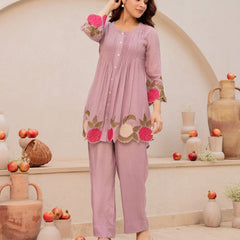 Mauve Linen Blend Floral Embroidered Coordset