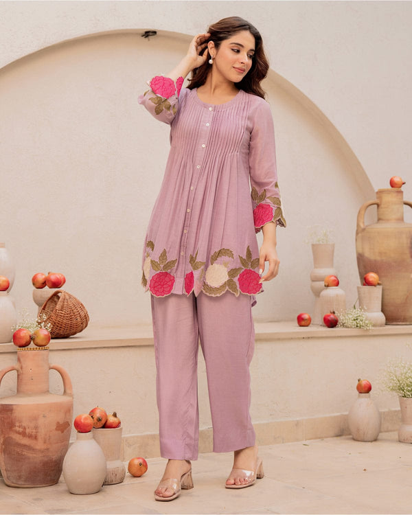 Mauve Linen Blend Floral Embroidered Coordset