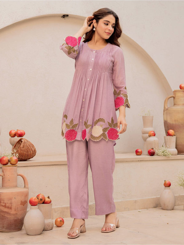 Mauve Linen Blend Floral Embroidered Coordset
