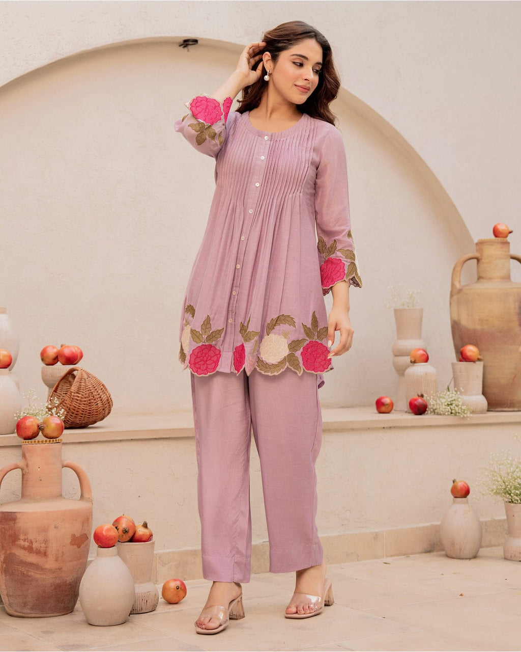 Premium Floral Embroidered Mauve Co-Ord Set