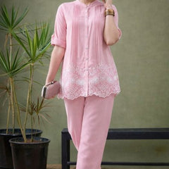 Pink Linen Blend Emboridered Pleated Shirt with Pants Coordset