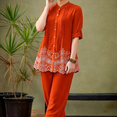 Rust Orange Linen Blend Emboridered Pleated Shirt with Pants Coordset