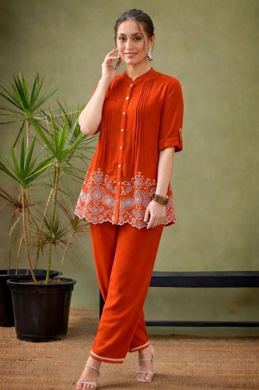 Mandarin Collar Rust Orange Co-Ord Set for Women