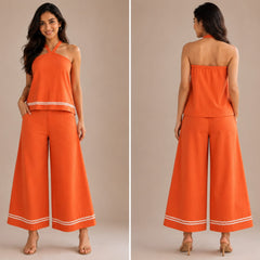 Rust Orange linen blend Halter neck top with Flared Pants coordset