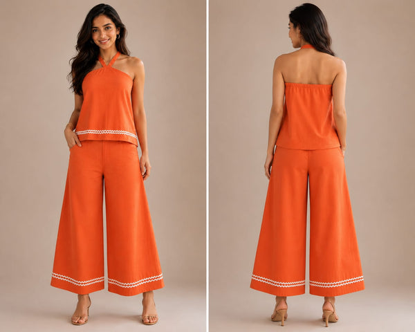 Rust Orange linen blend Halter neck top with Flared Pants coordset