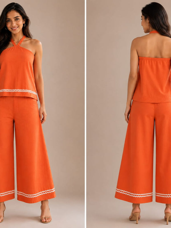 Rust Orange linen blend Halter neck top with Flared Pants coordset